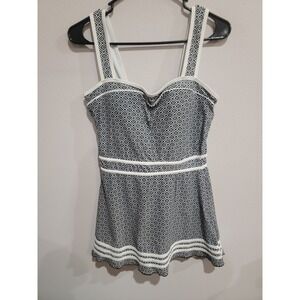 Shore Shapes Swim Dress Sz 12 Black White One Piece Tummy Control Skirted Retro